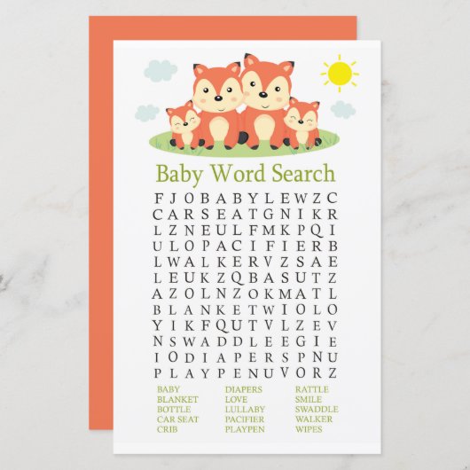 Papier Jeu de recherche Baby shower Fox (Devant / Derrière)