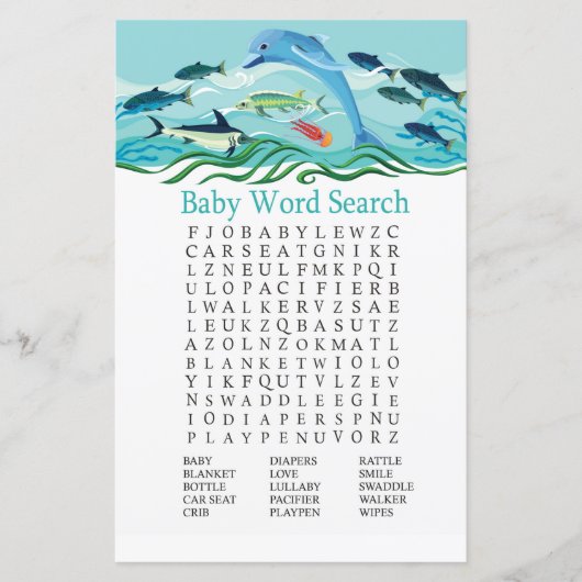 Papier Jeu de recherche de mot Baby shower dauphin (Devant)