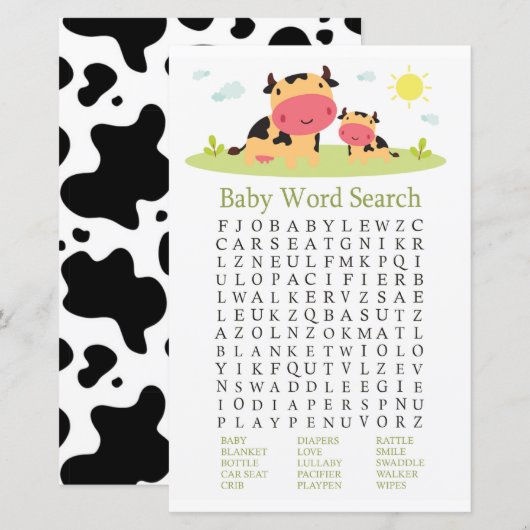 Papier Jeu de recherche de mot de Baby shower de vache (Devant / Derrière)