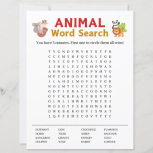 Papier Jeu de recherche de mots animaux