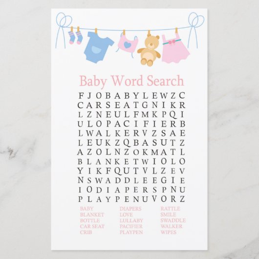 Papier Jeu de recherche de mots Baby shower de ligne de v (Devant)