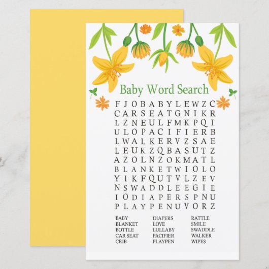 Papier Jeu de recherche de mots Baby shower Narcissus (Devant / Derrière)