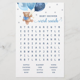 Papier Jeu de Recherche de Mots Baby Shower Teddy Bear 