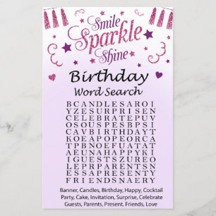 Papier Jeu de recherche de mots d'anniversaire avec paill