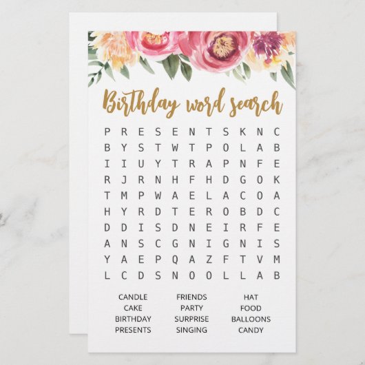 Papier Jeu de recherche de mots d'anniversaire Fête d'ann (Devant / Derrière)