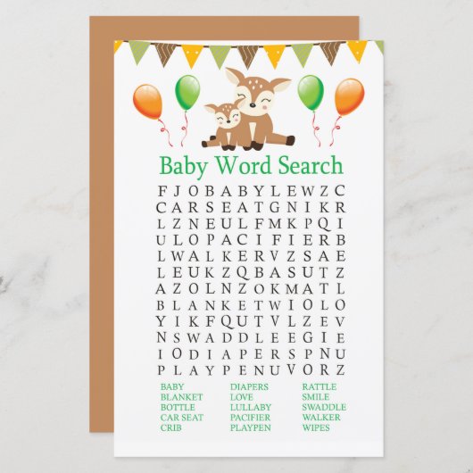 Papier Jeu de recherche de mots de Baby shower mignon (Devant / Derrière)