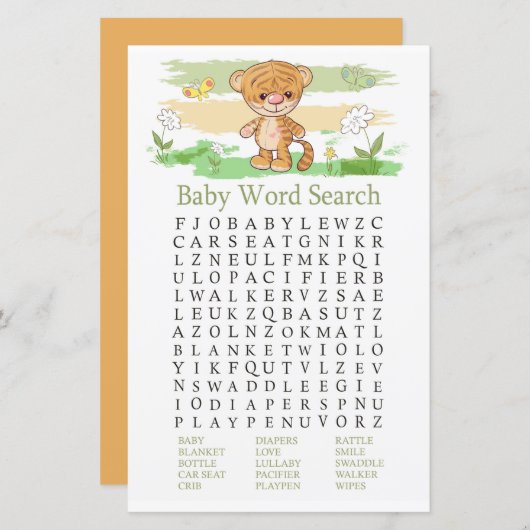 Papier Jeu de recherche de mots de Baby shower Tiger mign (Devant / Derrière)