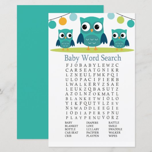 Papier Jeu de recherche de mots du Baby shower Owl (Devant / Derrière)