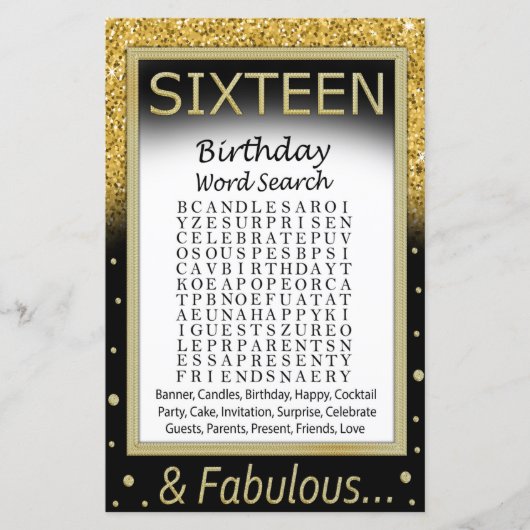 Papier Jeu de recherche de mots pour anniversaire seize a (Devant)