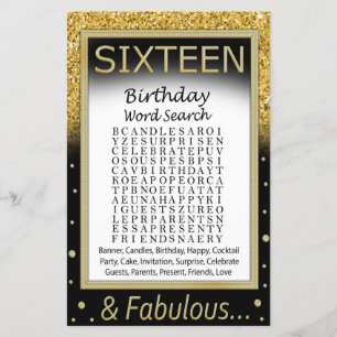 Papier Jeu de recherche de mots pour anniversaire seize a