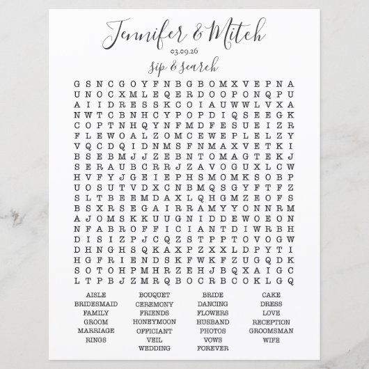 Papier Jeu de recherche de mots pour réception de mariage (Devant)