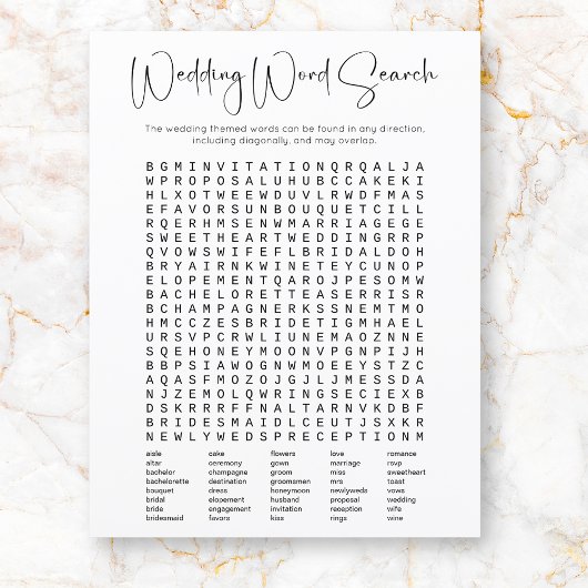 Papier Jeu de recherche Word de Fête des mariées de scrip