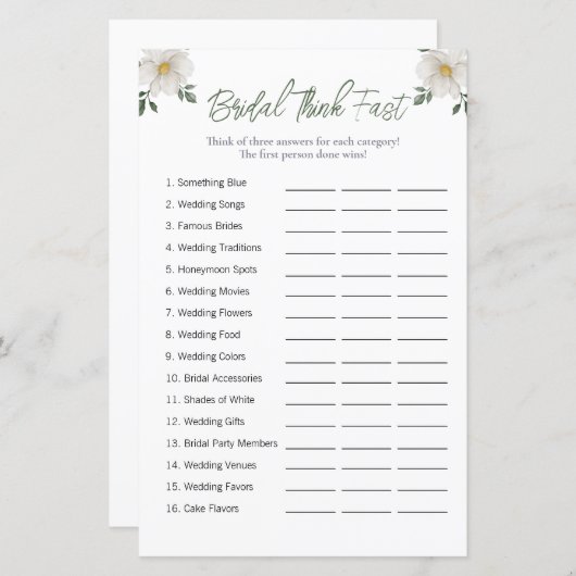 Papier Jeu de Salle de Mariage Floral "Réfléchissez Vite" (Devant / Derrière)