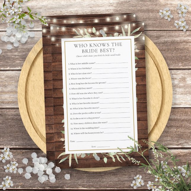 Papier Jeu de Salle de Mariage Rustique Qui Connaît le Mi (Rustic Who Knows The Bride Best Bridal Shower Game)