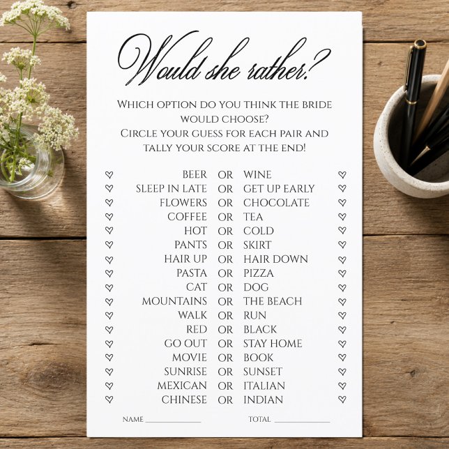 Papier Jeu de Salle de Mariée 'Préfèrerait-Elle'  (Would She Rather Bridal Shower Game)