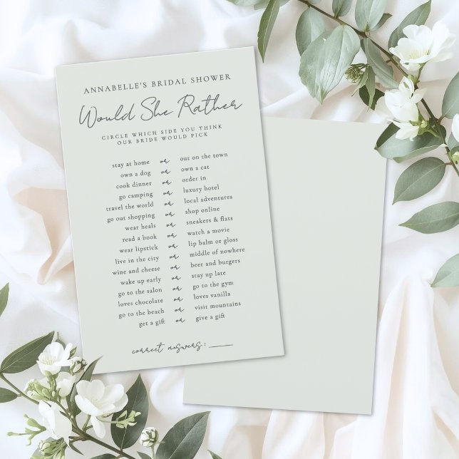 Papier Jeu de Salle de Mariée 'Préfèrerait-Elle' (Would She Rather Bride Bridal Shower Game )