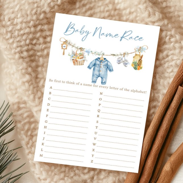 Papier Jeu de société de nom de bébé garçon élevé localem (Blue Locally Grown Baby Shower Baby Name Race Game)