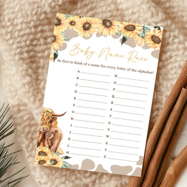 Papier Jeu de société pour le nom de bébé vache highland  (Summer Holy Cow Baby Shower Baby Name Race Game)