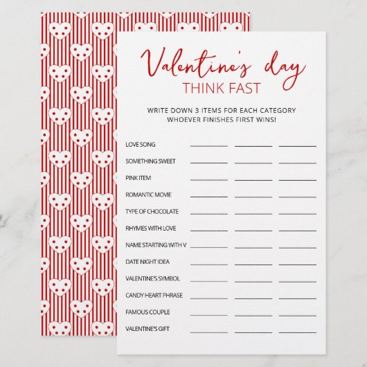 Papier Jeu de société Saint-Valentin Think Fast, Think Qu (Devant / Derrière)