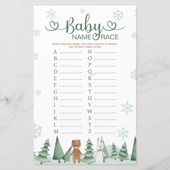 Papier Jeu de thème animal hiver lapin ours course de nom (Devant)