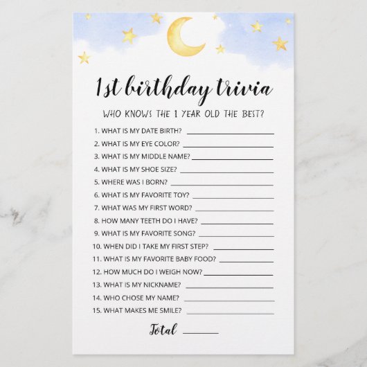 Papier Jeu de trivia modifiable pour 1er anniversaire (Devant)