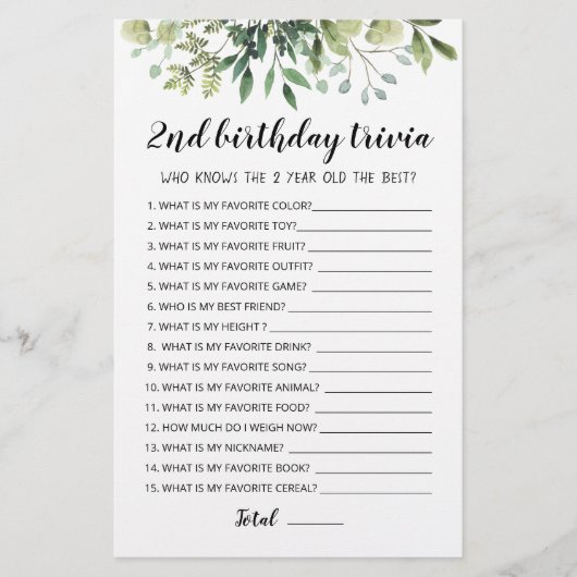 Papier Jeu de trivia modifiable pour le 2ème anniversaire (Devant)