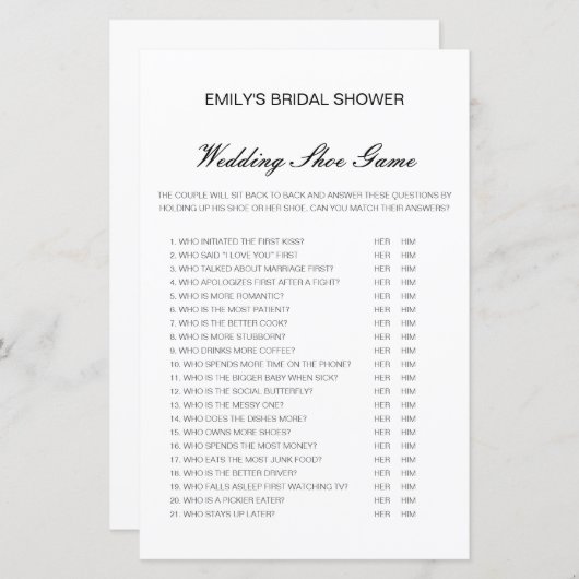 Papier Jeu de Wedding shower de chaussures Mariage modifi (Devant / Derrière)