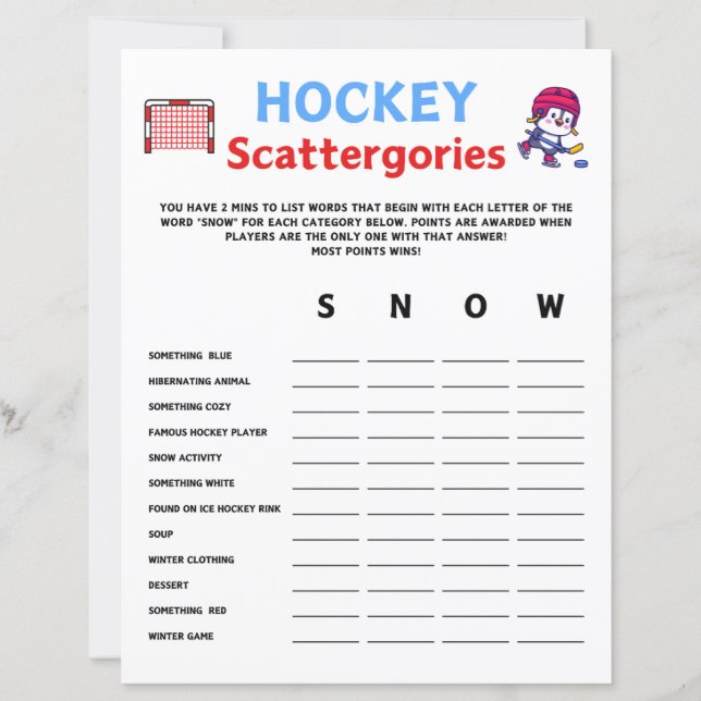 Papier Jeu des cattergences de hockey (Devant)
