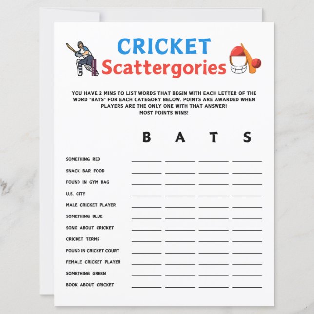 Papier Jeu des éparpillets de cricket (Devant)