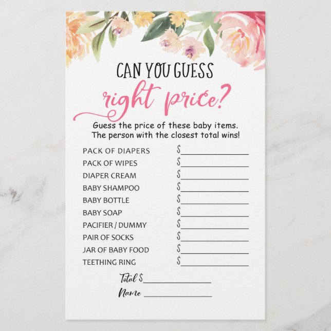 Papier Jeu devinez le juste prix Jeu Baby Shower Party (Devant)