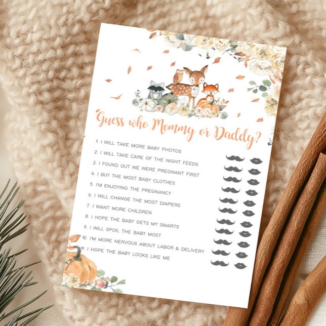 Papier Jeu Devinez Maman ou Papa Animal de la Forêt d'Aut (Floral Woodland Animals Baby Shower Guess Who Mommy or Daddy Game)