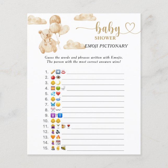 Papier Jeu d'images d'Emoji d'ours pour une baby shower (Devant)