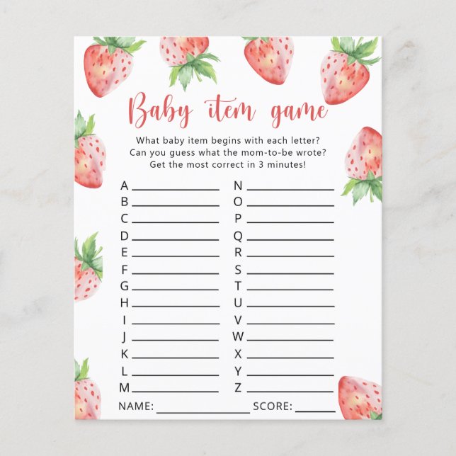 Papier Jeu d'objets bébé - Fraise. Jeu de Baby Shower (Devant)