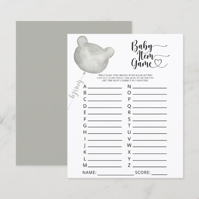 Papier Jeu d'objets bébé ours. Jeu de baby shower (Devant / Derrière)
