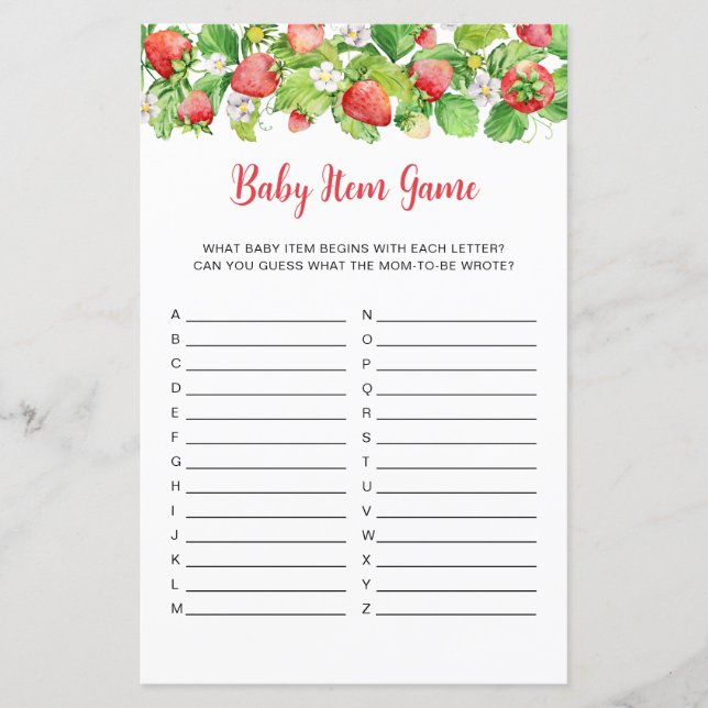 Papier Jeu d'objets bébé pour Baby Shower fraise (Devant)