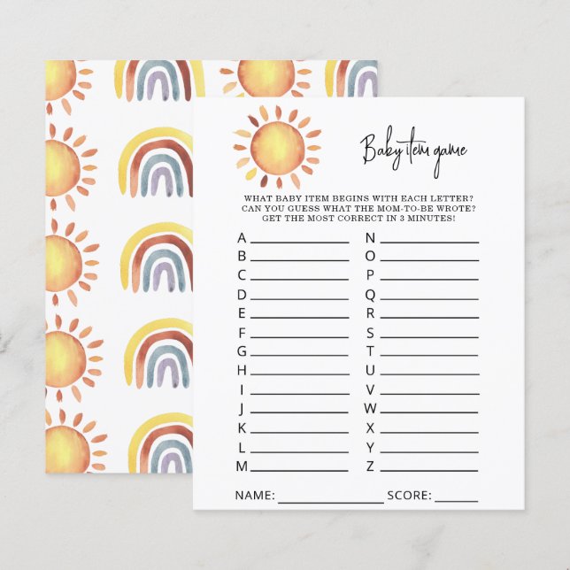 Papier Jeu d'objets Bébé Soleil. Jeu de Baby Shower (Devant / Derrière)