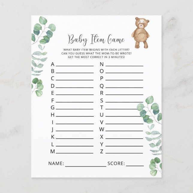 Papier Jeu d'objets pour bébé Bearly. Jeu de baby shower (Devant)