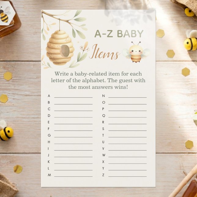 Papier Jeu d'objets pour bébé de A à Z pour la révélation (A-Z Baby Items Baby Shower Game. He or She? What Will Baby Bee? Gender Reveal)