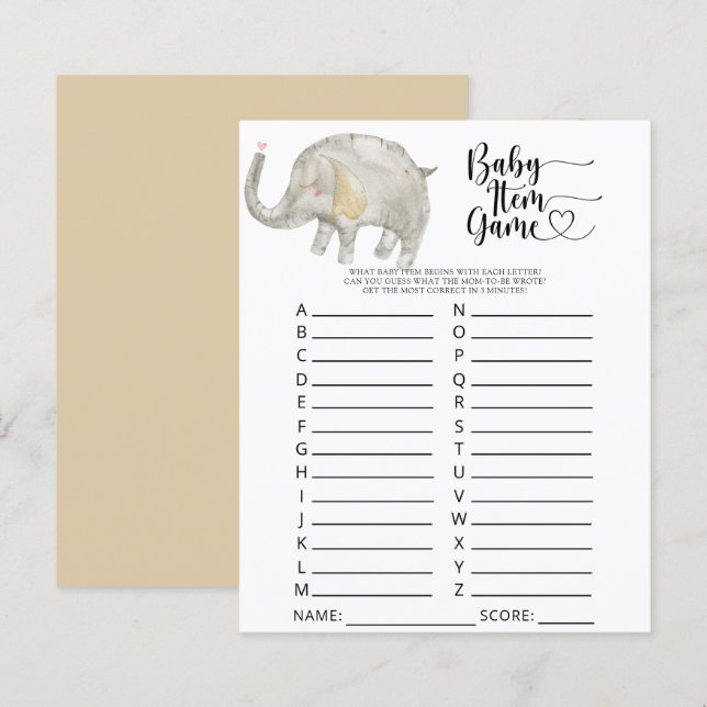 Papier Jeu d'objets pour bébé éléphant. Jeu pour Baby Sho (Devant / Derrière)