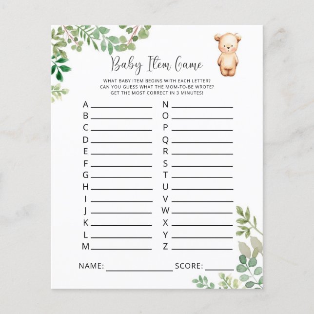 Papier Jeu d'objets pour bébé ours. Jeu de baby shower (Devant)