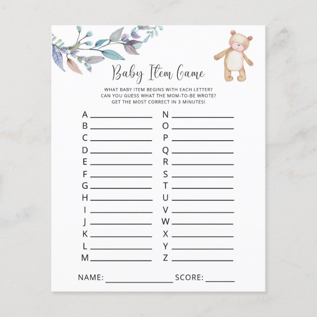 Papier Jeu d'objets pour bébé ours. Jeu de baby shower (Devant)