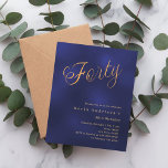 Papier Jeu d'or bleu marine 40e anniversaire invitation<br><div class="desc">Une invitation design et moderne pour une fête de 40e anniversaire. Un arrière - plan bleu marine, de couleur inégale et le mot Quarty écrit avec d'élégantes grandes lettres de script en faux or. Personnalisez et ajoutez un nom et des détails du parti. 1 feuille = 1 invite imprimé bord...</div>
