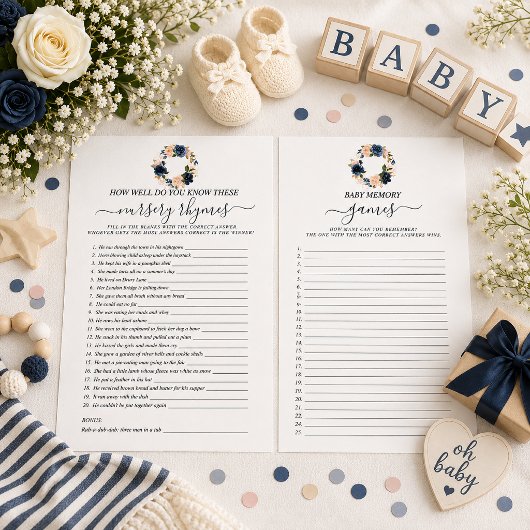 Papier Jeu double face Baby Shower Fleurs Marine