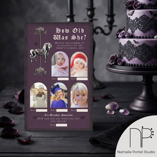 Papier Jeu du Cheval de carrousel Violet Foncé Quel âge a (Dark Purple How Old Was She gothic bridal shower game for alternative moody bridal shower party)