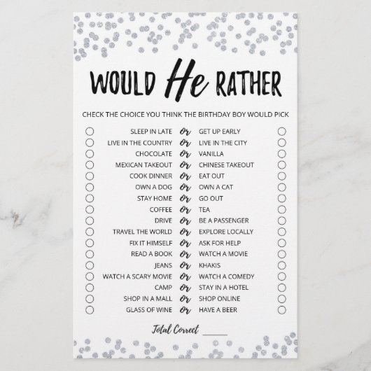 Papier Jeu éditable de préférences pour anniversaire (Devant)