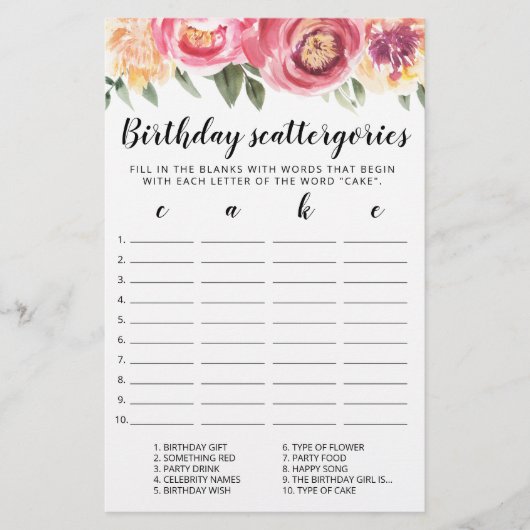 Papier Jeu éditable de Scattergories d'anniversaire (Devant)