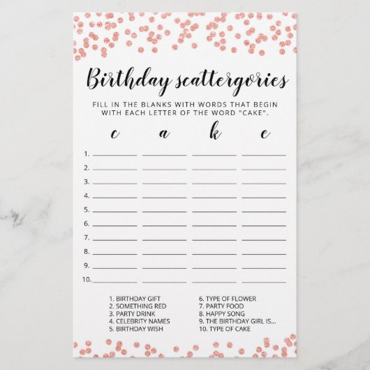 Papier Jeu éditable de Scattergories d'anniversaire (Devant)