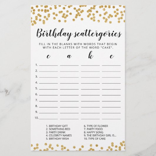 Papier Jeu éditable de Scattergories d'anniversaire (Devant)