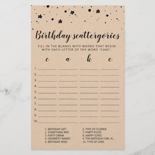 Papier Jeu éditable de Scattergories d'anniversaire (Devant)