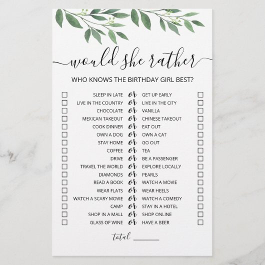 Papier Jeu éditable de 'Would She Rather' pour anniversai (Devant)